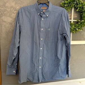 Arait Men's Patterned plaid blue button down dress Shirt wrinkle free Large